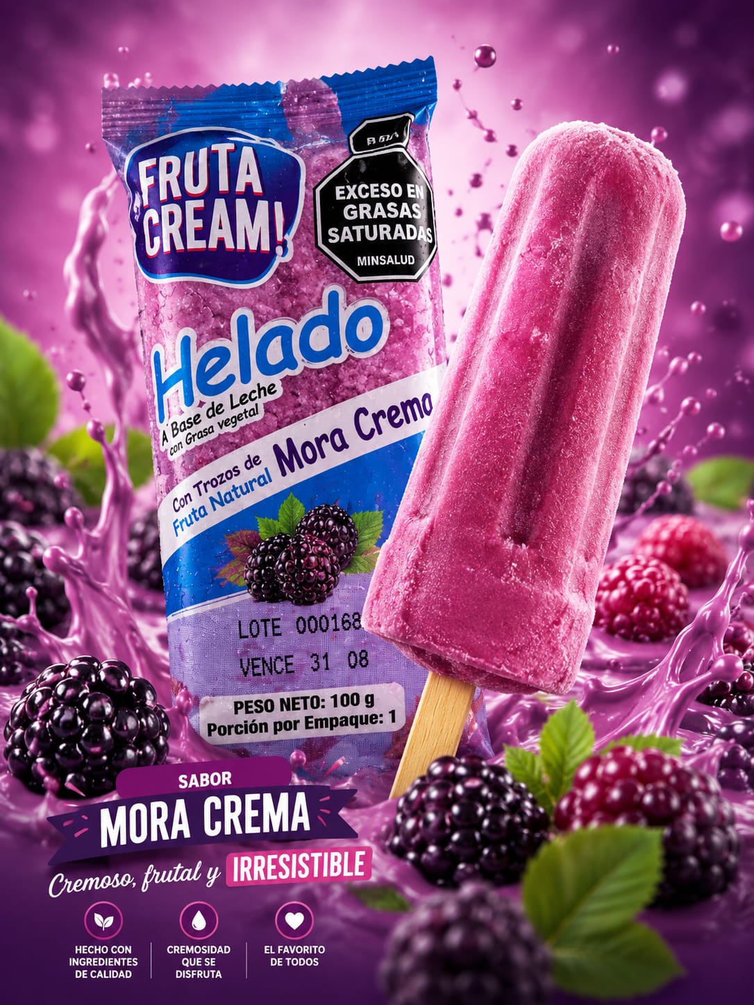 Helado A Base de Leche con Grasa vegetal Con Trozos de Fruta Natural Mora Cremo